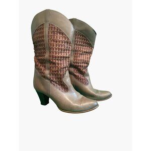 Vintage Leather Cowboy Boots With Woven Cutout Design & Chunky Heels